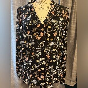 Loft Women’s S Black Multicolored Floral Ruffle Tie Neck Blouse